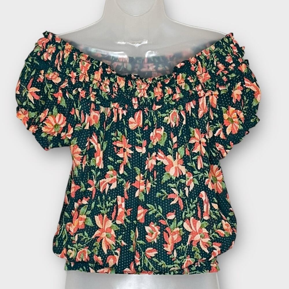 FREE PEOPLE suki floral off the shoulder top green pink size small casual summer - Picture 3 of 8